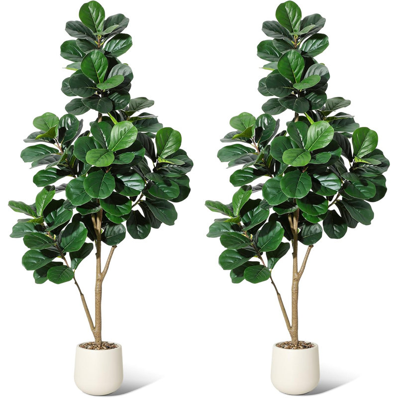 Ensemble de 2 arbres à figuier artificiel 7 pi 7 pièces, 108 feuilles, jardinières blanches