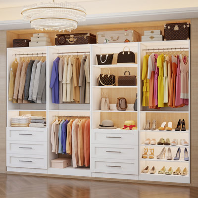 Système de placard avec 4 ensembles, système de placard de 8 à 21 pi avec 6 tiroirs, 9 tablettes et 8 tringles de suspension, système d'organisation de placard robuste pour les vestibules, kit de placard en bois sur mesure modulaire, blanc