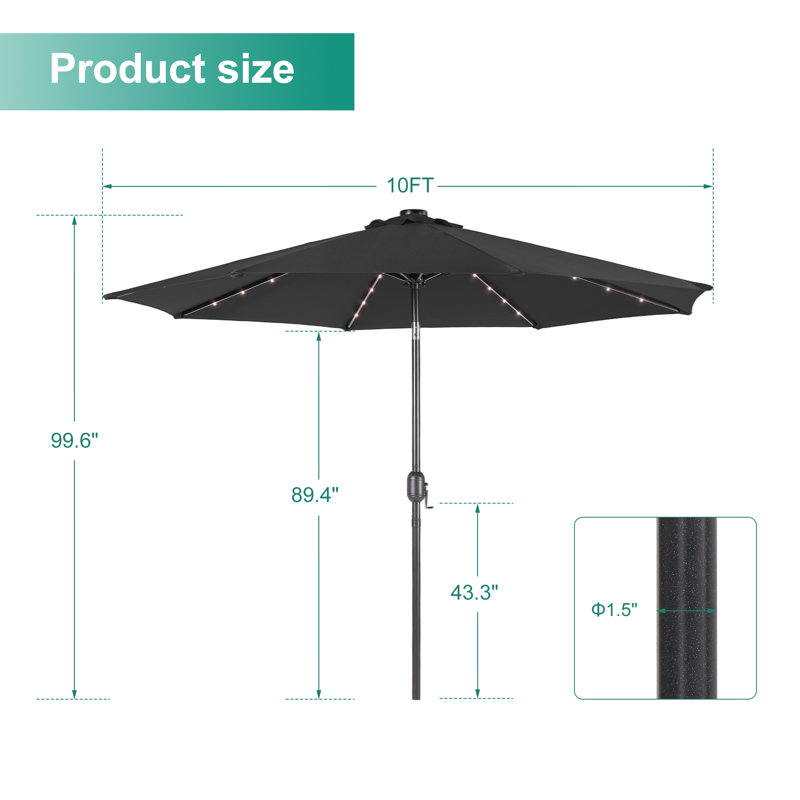 Parasol de patio 10 pi DEL, cadre de marché avec cadre en métal robuste à 8 nervures, Noir, noir, noir, noir
