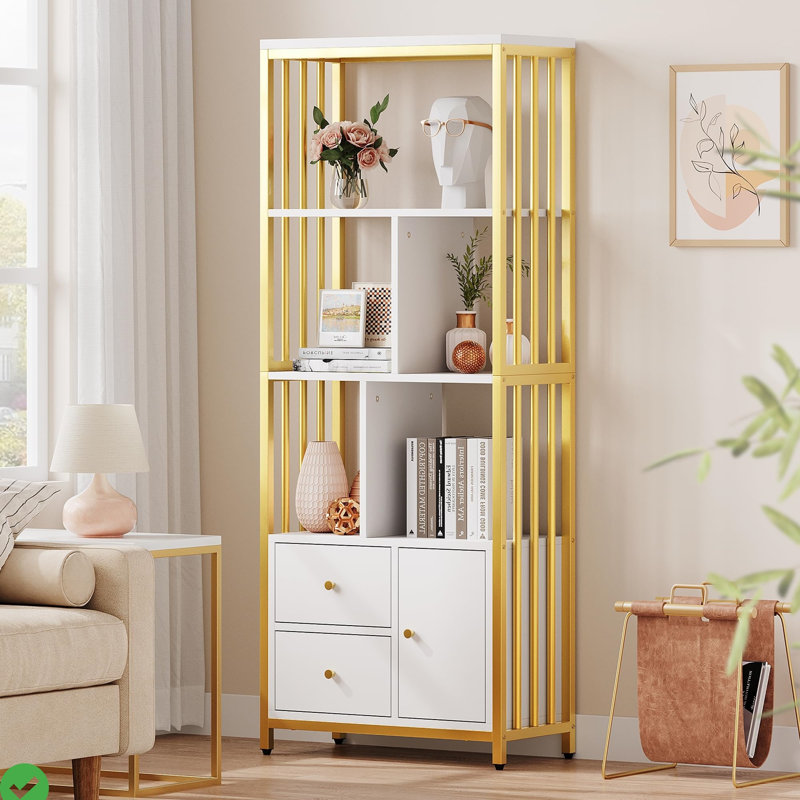 62" Gold Bookcase with 3 Drawers and Door, 4-Tier White-and-Gold Bookshelf with Metal Frame, Floor-Standing Display Storage Cabinet