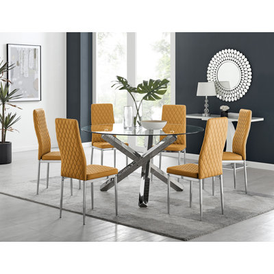 Ensemble de table de salle à manger Harper en verre et chrome avec 6 chaises rembourrées en similicuir Harper
