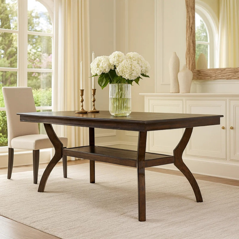 Transitional Style Solid Wood Rectangular Dining Table with Flowing Leg Base Design , Brown