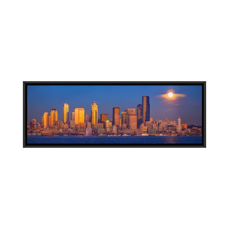 «Moon over Seattle Seattle Washington», reproduction de photo sur toile, H 16 po x l 48 po x P 1,5 po, Cadre noir