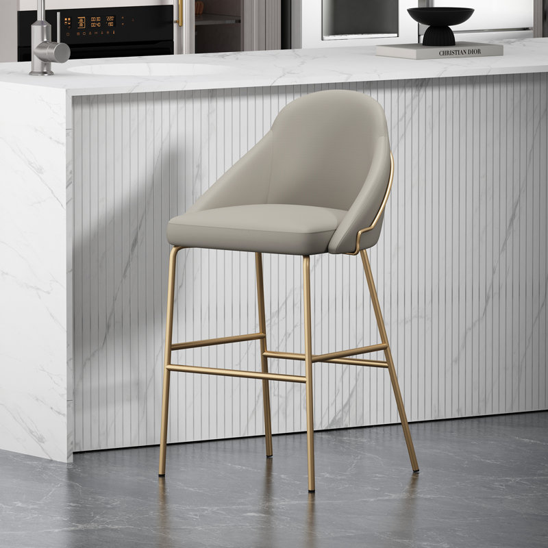 Tabouret de bar en cuir Gracie, Tabouret de comptoir (siège d'une hauteur de 26 p, Siège gris / cadre doré