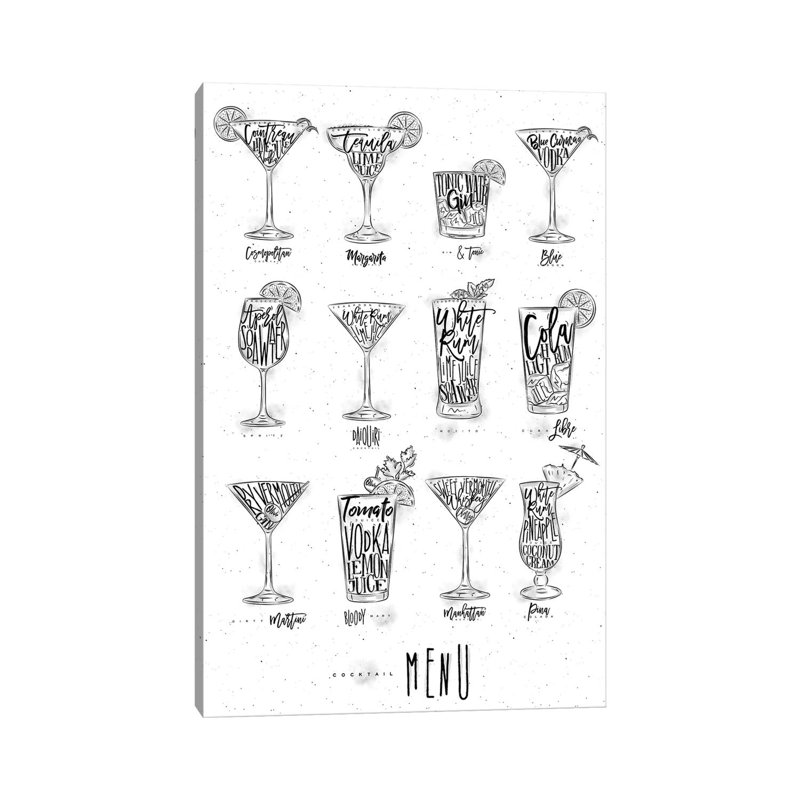 «Cocktail menu» par Pixy, peinture sur toile tendue, H 40 po x l 26 po x P 1,5 po