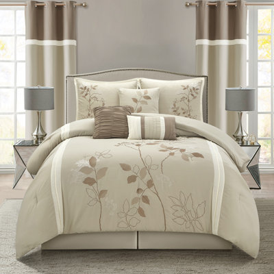 Anissa 9 Piece Embroidery Floral Comforter Set, Matching Curtains
