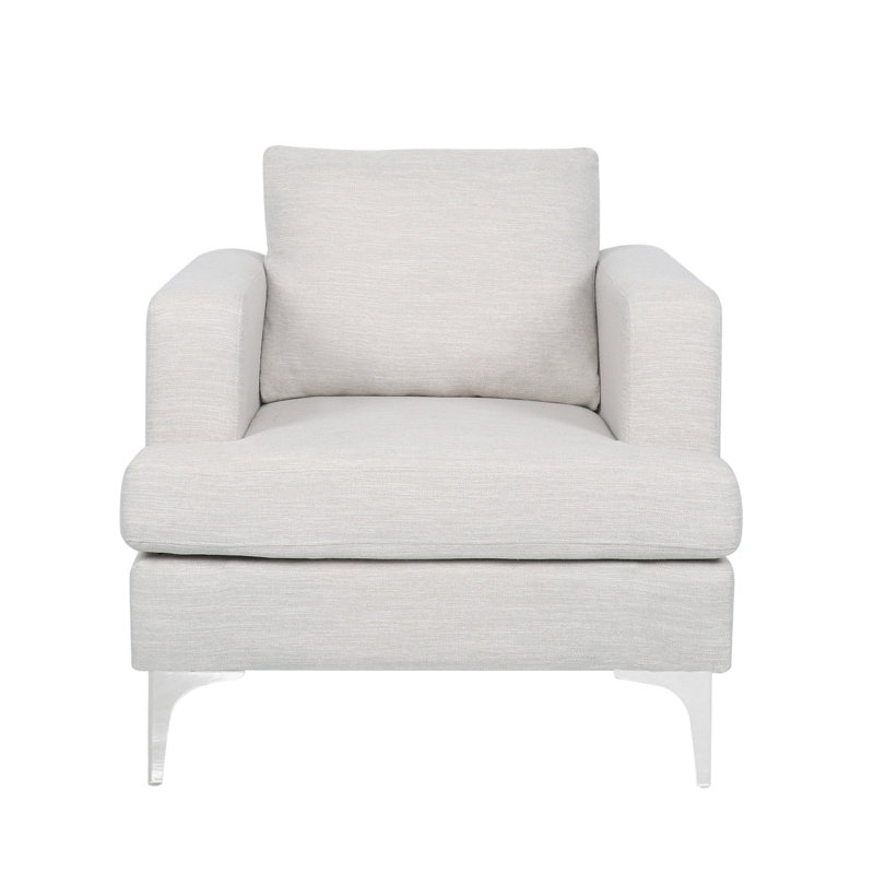 Fauteuil club décoratif, dossier et siège rembourrés, pieds argentés modernes, tissu beige