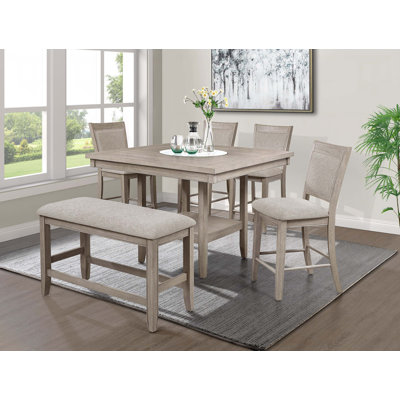 6pc Dining Set Contemporary Farmhouse Style Counter Height w 20-Inch White Lazy Susan All Tan / Beige Gray Finish Upholstered Chairs Bench Wooden Soli -  August Grove®, 1955F276EFE04D42A13CA63EE7070EBA