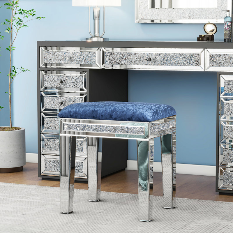 Mikayil Mirrored Glass Vanity Dressing Table Stool Decorative Accent Stool, Blue