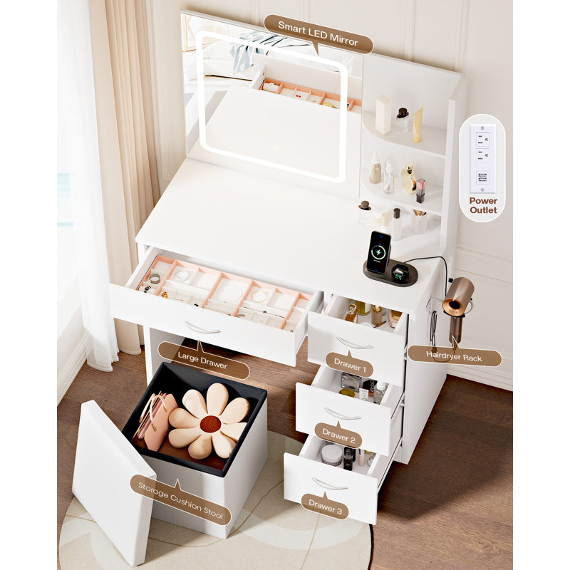 Coiffeuse de 87 cm de large avec station de recharge et 5 tiroirs, table de maquillage blanche avec rangement pour chambre à coucher