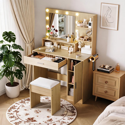 Ensemble de coiffeuse moderne avec miroir, lumières DEL, prise de courant - grands tiroirs de rangement, tablettes ouvertes, tabouret rembourré, modes d'éclairage réglables