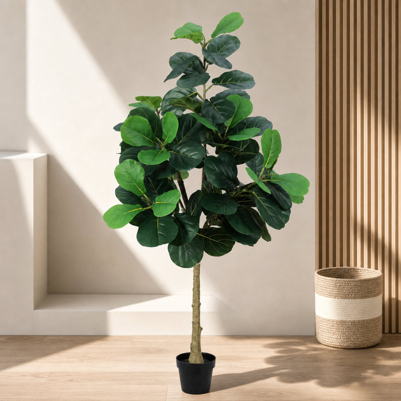 Figuier lyre artificiel de 1,5 m de haut avec pot tressé, faux Ficus lyrata pour espaces intérieurs