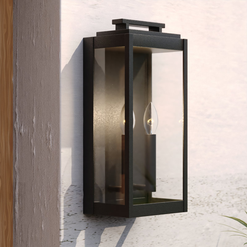 Applique murale d'extérieur noir texturé à 2 lumières H 15,5 po Catoctin en métal durable, abat-jour en verre transparent, compatible avec les DEL, à utiliser pour la porte d'entrée de patio ou de garage