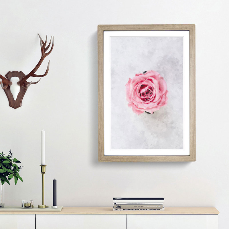 Lone Pink Rose - Framed Print, 33cm H x 24cm W x 2cm D, Oak Framed