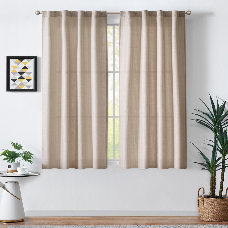 Semi Sheer Rod Pocket Farmhouse Textured Curtains, Beige, 38" W x 63" L
