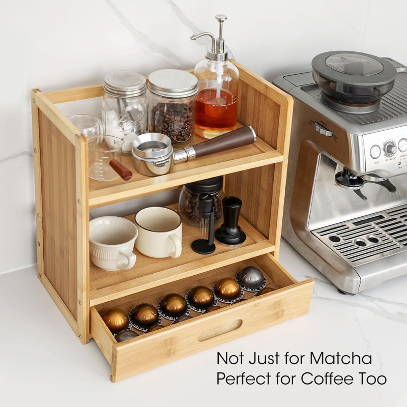 2-Tier Bamboo Shelf With Hidden Drawer