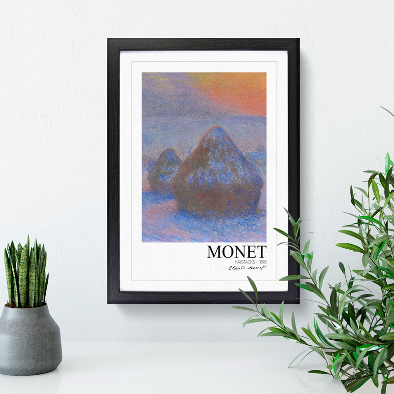 Haystacks with Border by Claude Monet - Picture Frame Painting, Black Framed, 48cm H x 36cm W x 2cm D