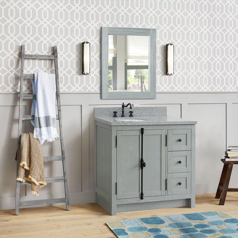 Ensemble de meuble-lavabo simple 37 po Trainor, Bois de frêne gris, Marbre de Carrare blanc