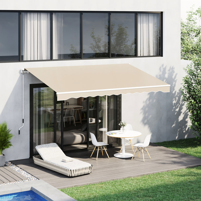 Auvent de patio beige 13 pi x 8 pi. Et eau - matériau, cadre en aluminium. Manivelle réglable facile à utiliser. Choix de fixation multi-surfaces. Auvent pare-soleil pour la chaleur. Installation polyvalente