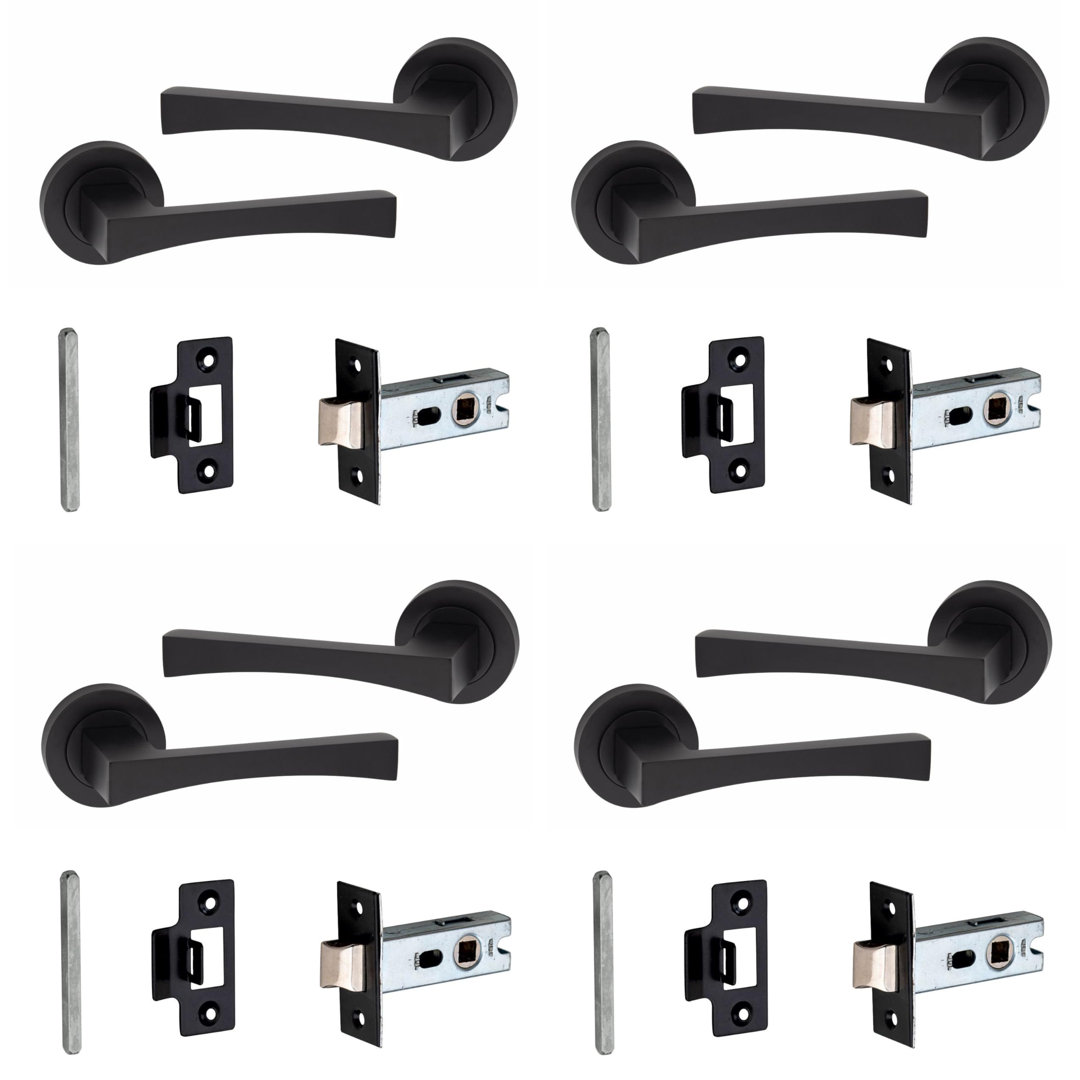 4 Pairs Wave Design Door Handles Latch on Round Rose in Matt Black Finish with 2.5" Tubular Latch and 3" Ball Bearing Hinges - 52mm Diameter