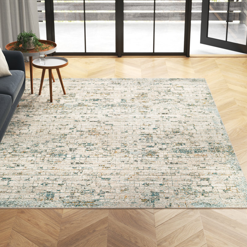 Tapis abstrait en polyester tissé à la machine abstrait bleu sarcelle / olive / beige, Rectangle 6 pi 7 po x 9 pi 6 po
