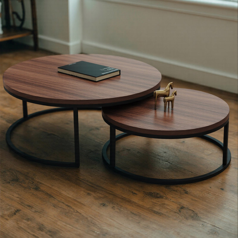 Ensemble de 2 tables basses gigognes rondes modernes, tables d'appoint peu encombrantes pour le salon, Brun