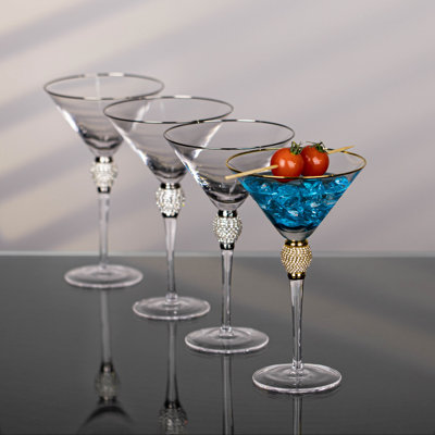 4 Piece Premium Clear Stem Crystal Martini Glasses With Rim And Diamond-like Rhinestones, Elegant 10oz Glassware Set For Cosmopolitan, Vodka, Gin And Other Cocktails, Fancy Manhattan Drinkware