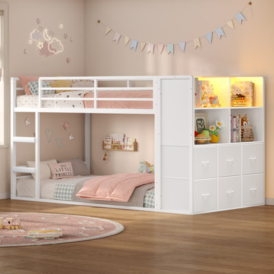 Twin Bunk Beds With Led Lights & Storage, 6 Drawers,twin Over Twin Bunk Bed, Metal Low Bed With Safety Ladder And Guardrail,space Saving by Wrought Studio