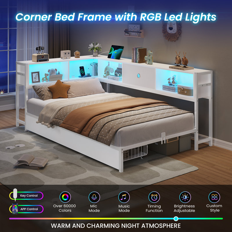 Corner Guest Bed Frame With Bookcase Storage And Led Lights, Drawers And Charging Station, Full Size Sofa Bed With Storage For Living Room, Bedroom, Guest Room, White