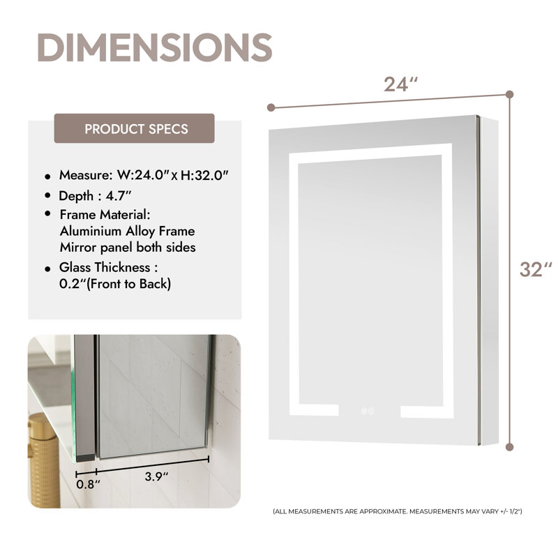 Santona Rectangular Medicine Cabinet with Aluminum Frameless LED Mirror, 32" H x 24" W x 4.7" D