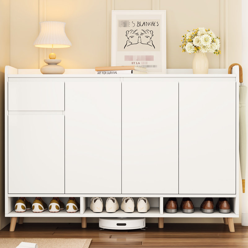 Élégante armoire de rangement pour CD avec séparateurs réglables et pieds modernes en bois massif, Blanc
