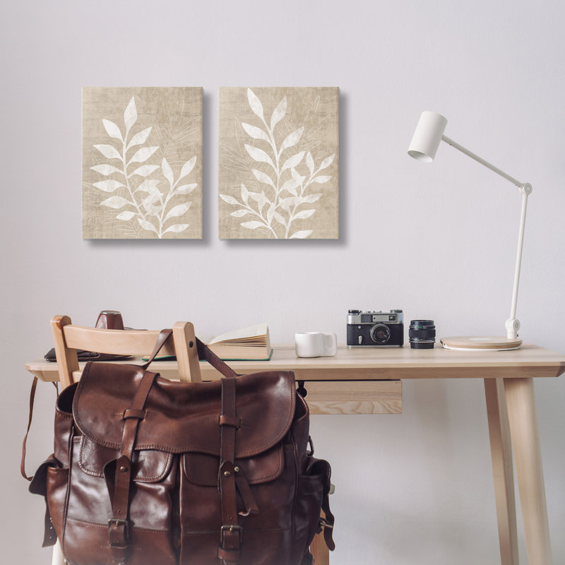 Boho Botanical Leaf Silhouette Beige Canvas Wall Art Set