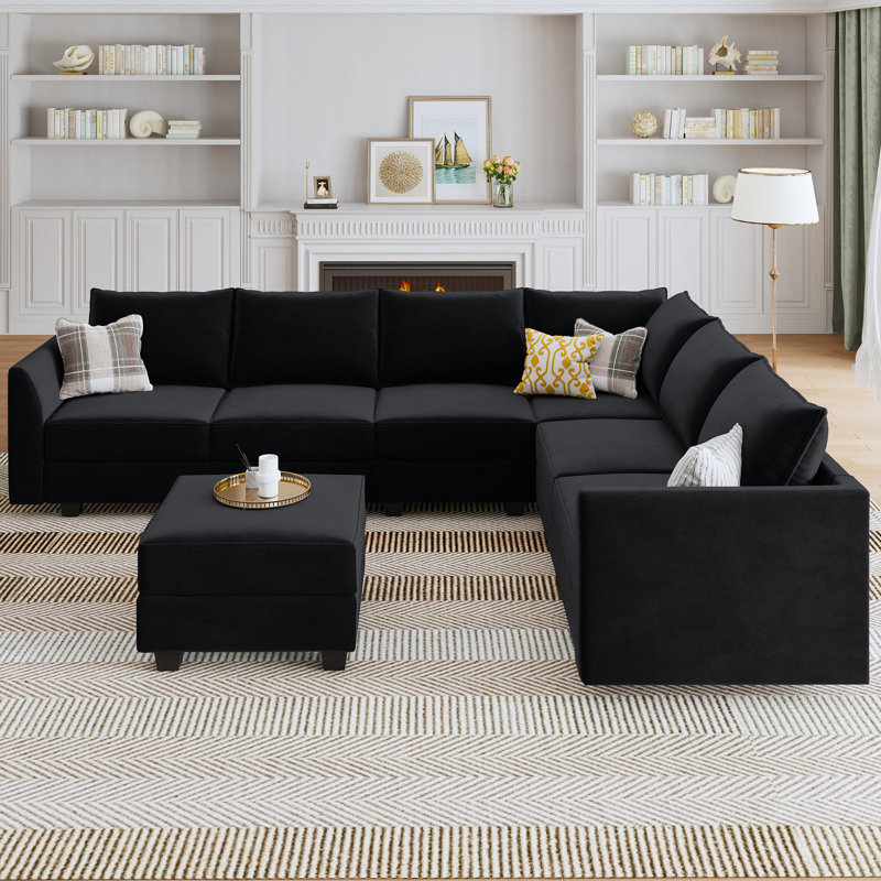 Tremee Velvet Modular U-Shaped Corner Sectional, Black Velvet