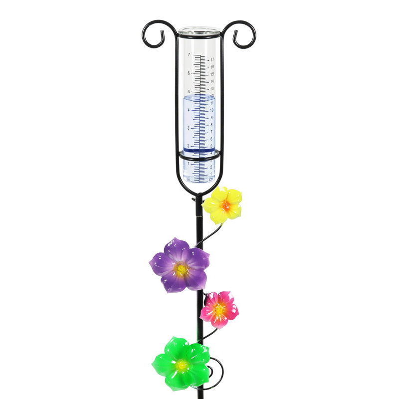 Multicolored Hand Painted Glass and Metal Rain Gauge Garden Stake