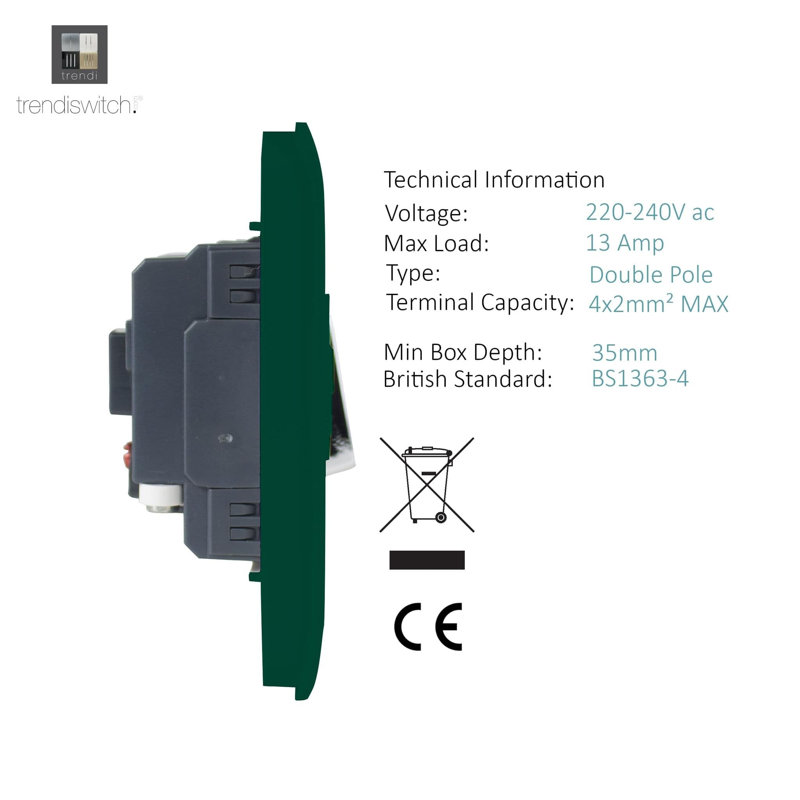 Trendi Switch 13 Amp Fused Sur with Flex Outlet, Dark Green