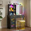 Coiffeuse à maquillage RVB avec miroir mobile, station de charge, tiroirs et compartiments de rangement cachés-647925064