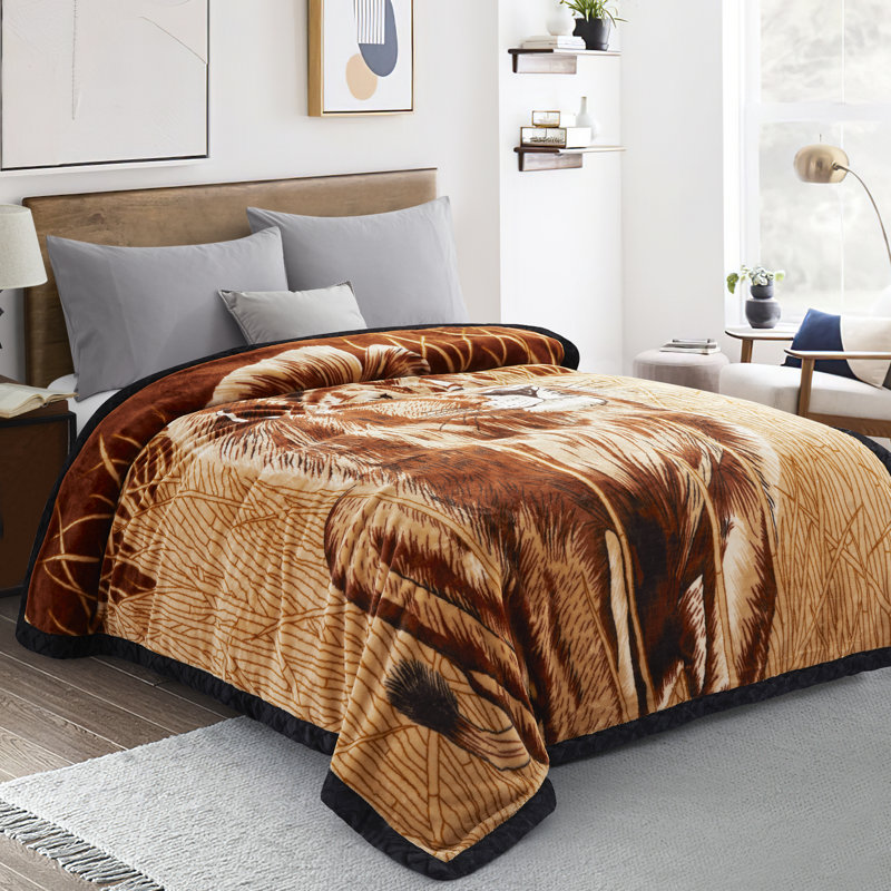 Marina Decoration Reversible 8 LB Oversized Heavy Woven Fluffy Plush Soft Warm Korean Style Mink 2 Ply Rich Printed Animal Flannel Fleece Throw Raschel Blanket, 78 x 86 Inch Leopard Lion Pattern