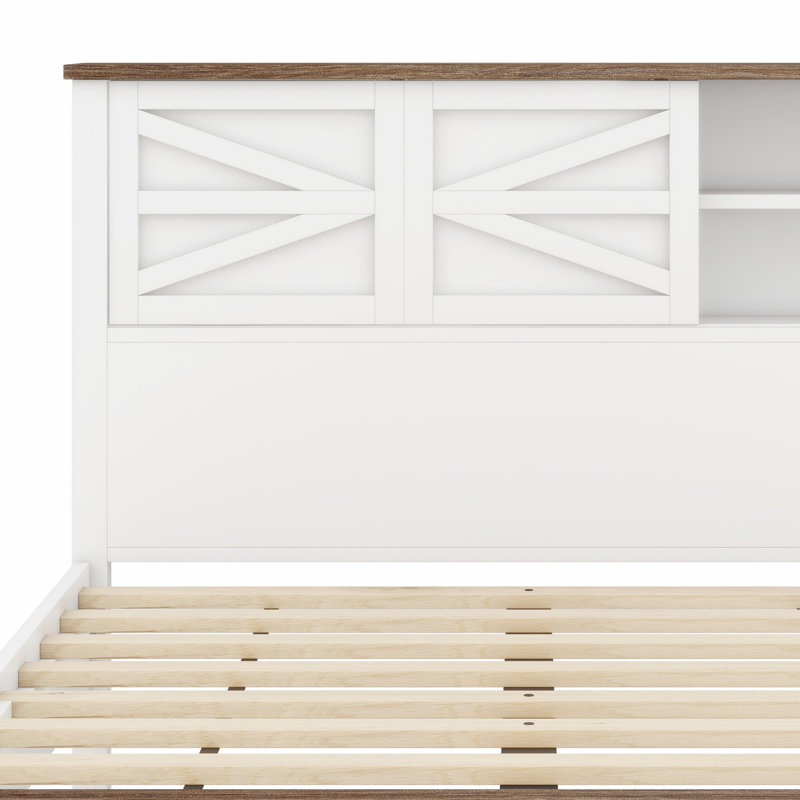 Ensemble de chambre à coucher de style maison de campagne 3 pièces avec tête de lit à double porte coulissante, station de charge, table de chevet et commode