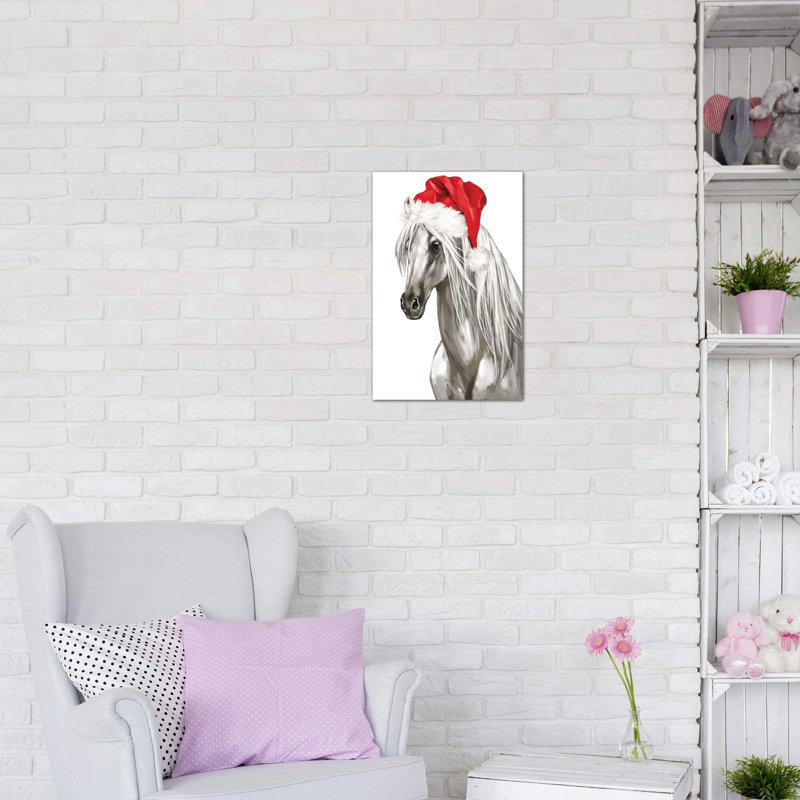 «Christmas White Horse» par Big Nose Work - impression d'art graphique, H 12 po x l 8 po x P 0,75 po, Toile tendue