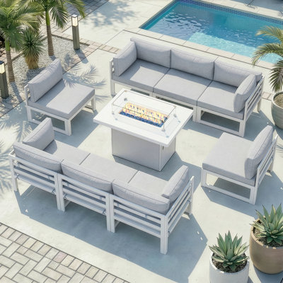 9-Piece 8-Person Outdoor Patio All-Aluminum Sectional Conversation Set with 60,000 BTU Fire Pit Table and Cushions