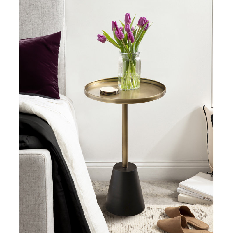 Lodia Round Wood and Metal End Table, Black, Gold