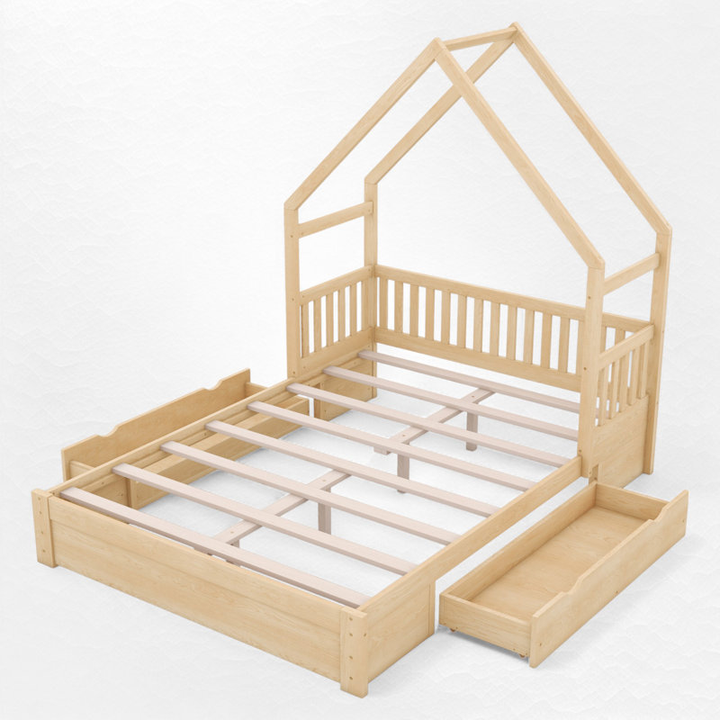 Grand lit plateforme en bois avec 2 tiroirs, Naturel