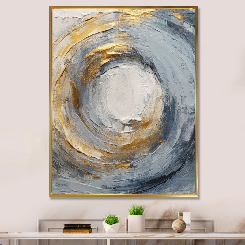 «Gold and Blue Vibrant Spirals IV - Abstract Spirals», art mural encadré, H 44 po x l 34 po, Reproduction avec cadre flottant