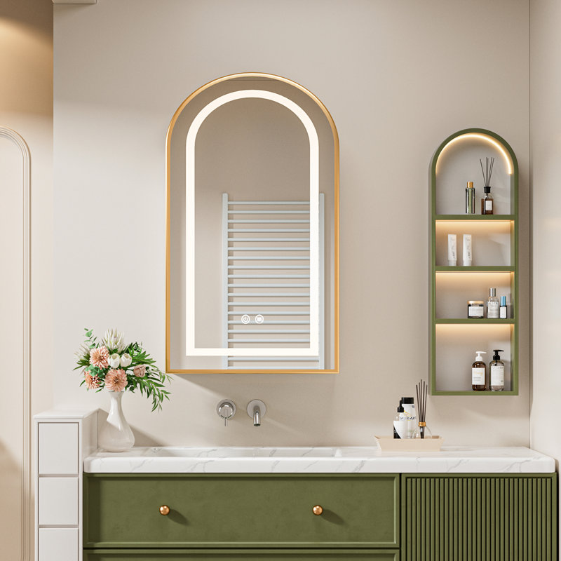 Arched Medicine Cabinet With Lights,16x31 In Brushed Gold Medicine Cabinet With Mirror,3-color Lighted Storage Mirrored Cabinet Wall Mounted For Bathroom