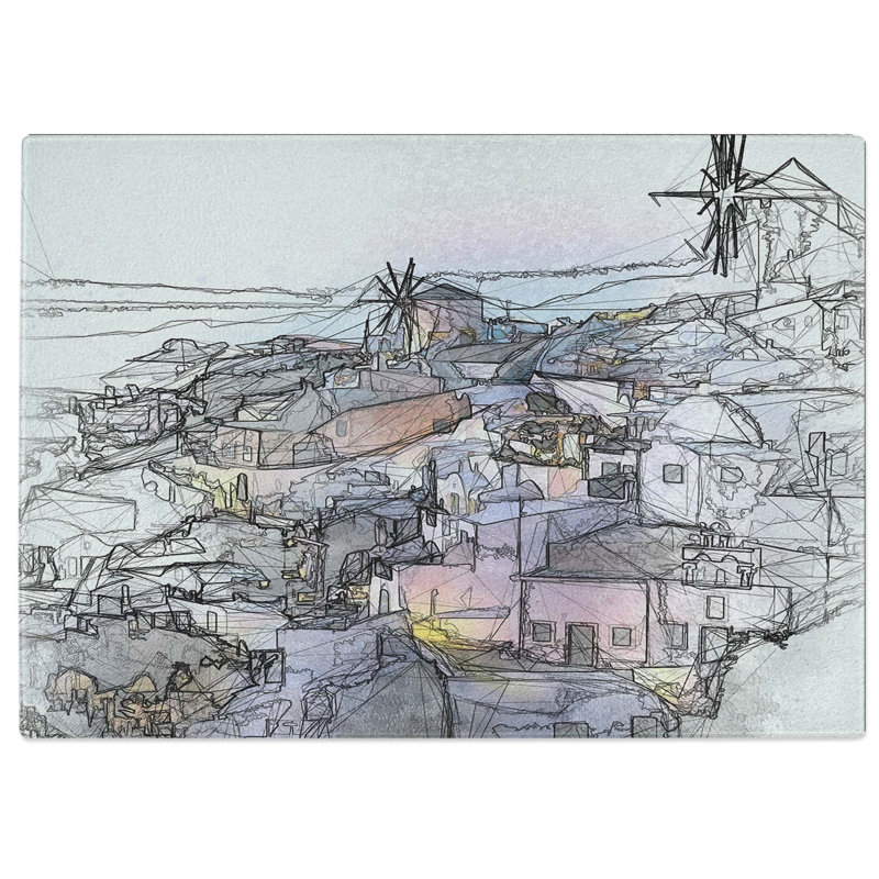 Tempered Glass The Santorini Skyline in Greece in Abstract Chopping Board, 28.5 cm W x 20 cm L