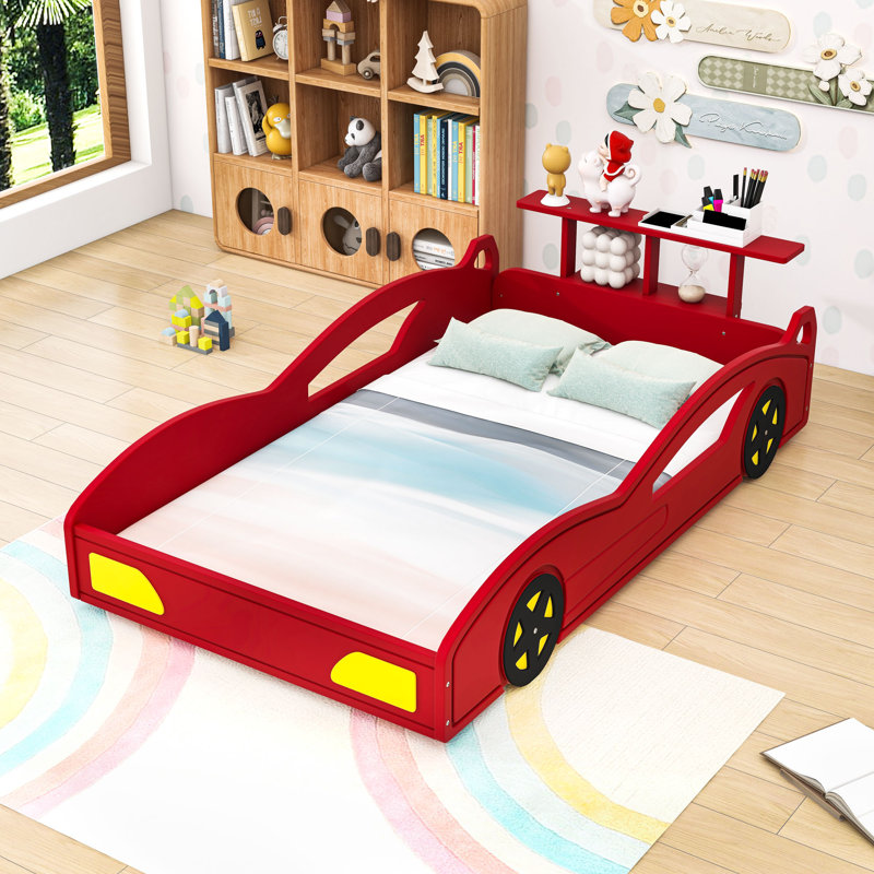 Lit de voiture de course simple en bois, Rouge / Jaune