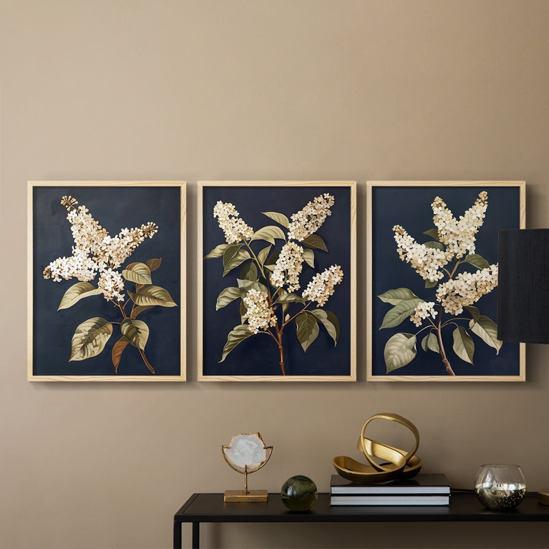 Étude florale, série L III, ensemble de 3 estampes numériques, prêt à accrocher, Encadré naturel, H 14 po x l 11 po