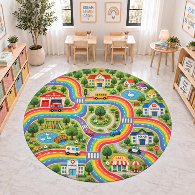 Tapis rond « Ultra Fin » 183 x 183 cm, motif Routes de la Ville Arc-en-ciel, tapis d'intérieur doux à poils courts avec envers antidérapant en silicone, décoration pour salle de classe, chambre d'enfant ou salle de jeux