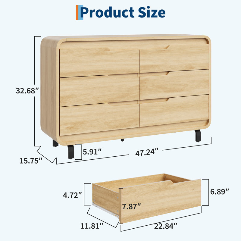 47-Inch Wide 6-Drawer Dresser in Natural - Wood Storage Cabinet for Living Room or Hallway, Yellow
