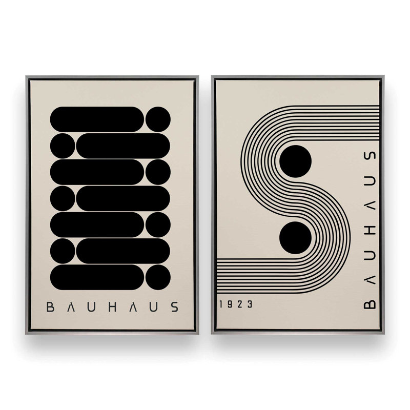 Ensemble de 2 impressions sur toile géométriques Bauhaus Energy, Cadre flottant en chrome poli